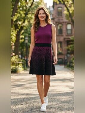 Ann Taylor Navy Burgundy Knit Sweater Holiday Dress SZ M